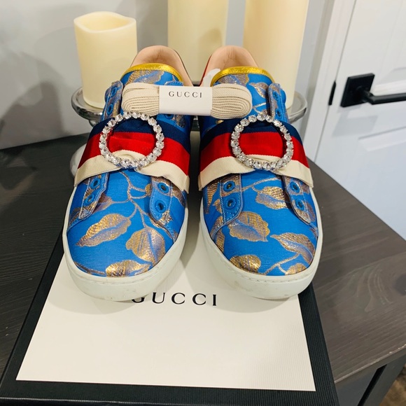 Gucci Ace Blue and Gold Sneaker Size 39 - Picture 1 of 5